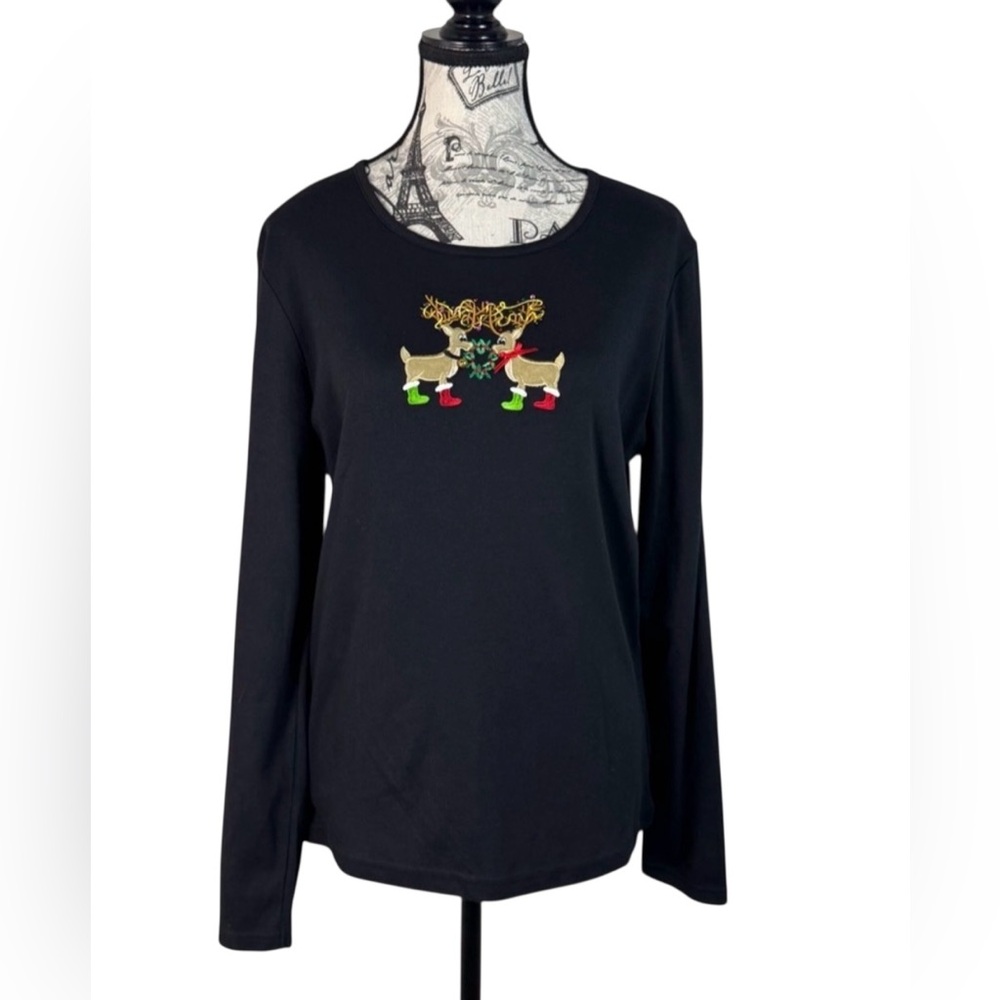 Crystal Kobe Christmas tree Reindeer Embroidered Women's Top Size Large